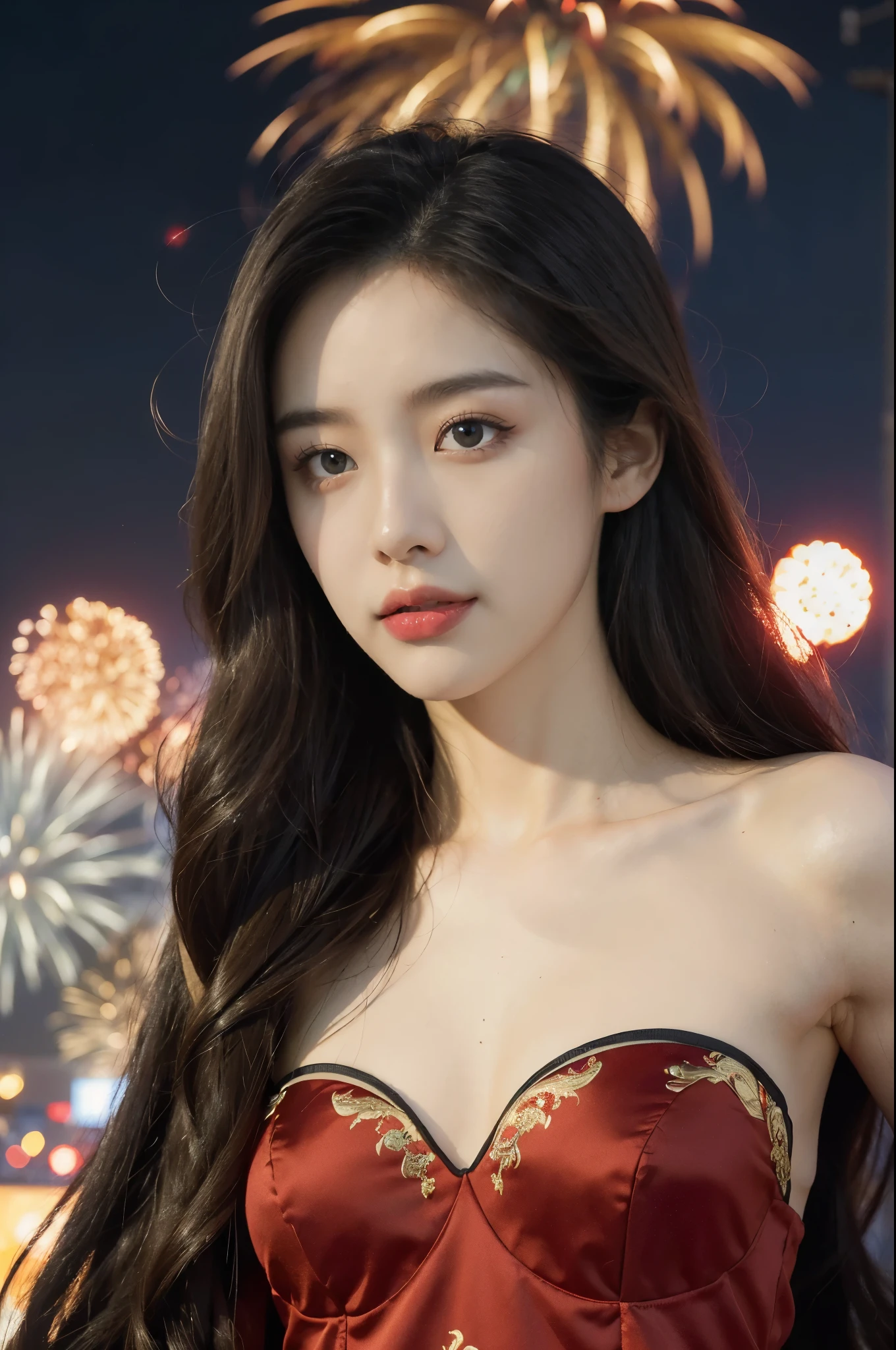 (((best quality))),(((ultra detailed))),(((masterpiece))),illustration, ((Olympic Opening Ceremony,in Paris,summer night,magnificent National stadium of France,Olympic flame, fireworks)),(crowded crowds of enthusiastic spectators:1.3),((a beautiful Chinese girl,solo)),((shoulder length straight hair:1.2)),((slim,thin)),((small breasts,flat chest)),(strapless red bra:1.3),excited expression, awe, celebrating, electric atmosphere, sense of pride, excitement, playing field, crowd energy, unity, camaraderie, representing China, historic event, memorable moment,((from front,close-up of face))