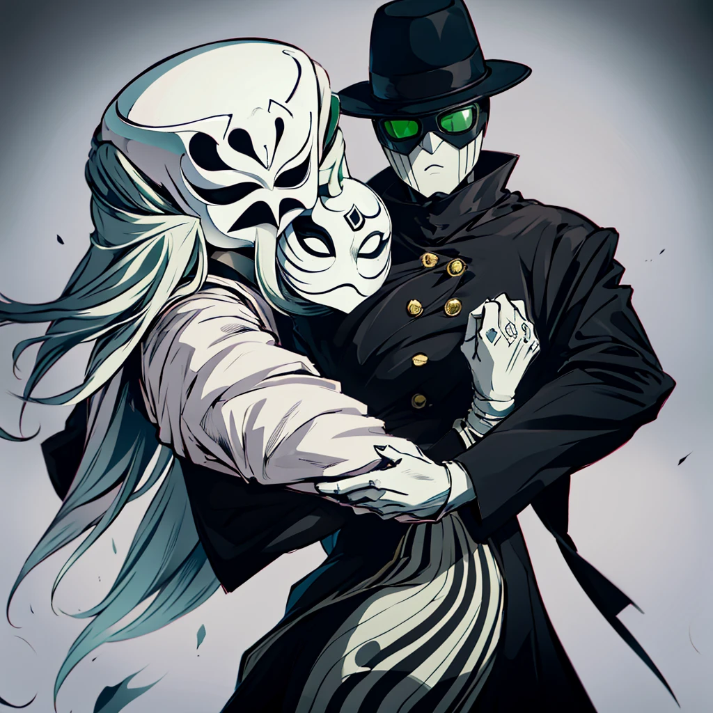 create an entity. She wears a green overcoat, a black suit underneath, all with gray stripes. The entity wears a hat, and a pale Japanese mask that represents a woman. Over the mask, wear black sunglasses.