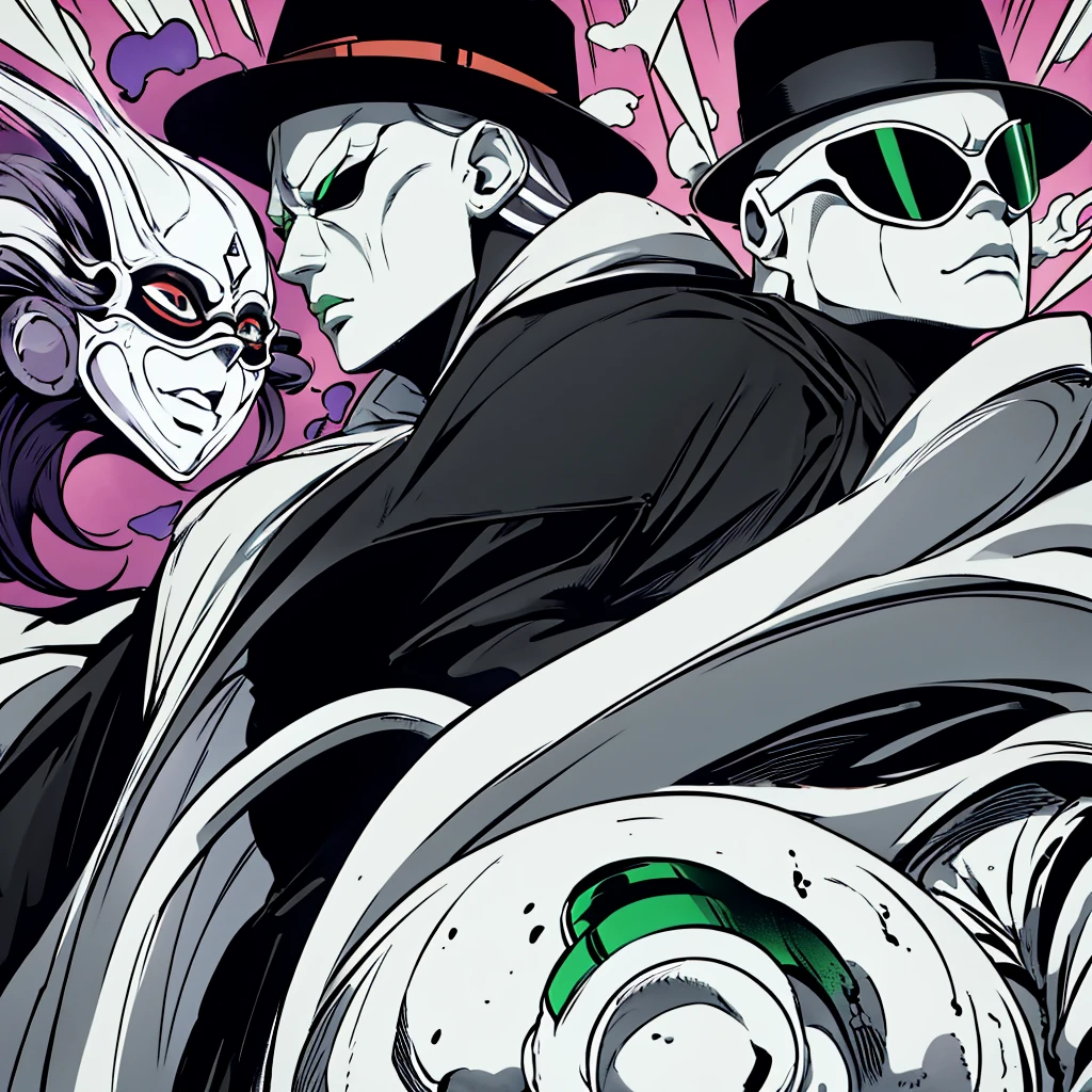 create an entity. She wears a green overcoat, a black suit underneath, all with gray stripes. The entity wears a hat, and a pale Japanese mask that represents a woman. Over the mask, wear black sunglasses.