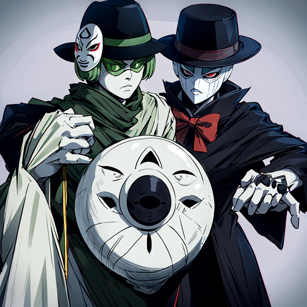 create an entity. She wears a green overcoat, a black suit underneath, all with gray stripes. The entity wears a hat, and a pale Japanese mask that represents a woman. Over the mask, wear black sunglasses.