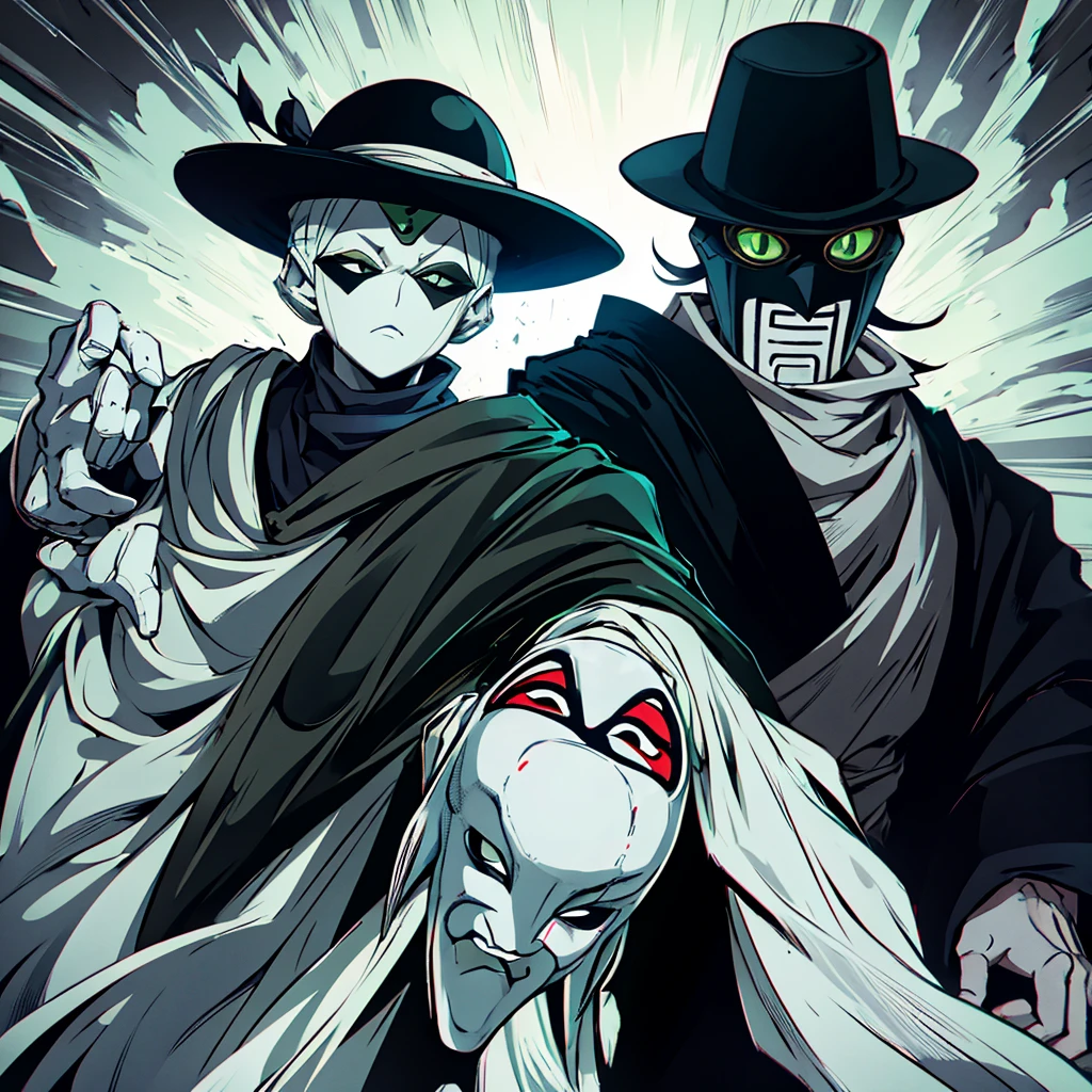 create an entity. She wears a green overcoat, a black suit underneath, all with gray stripes. The entity wears a hat, and a pale Japanese mask that represents a woman. Over the mask, wear black sunglasses.