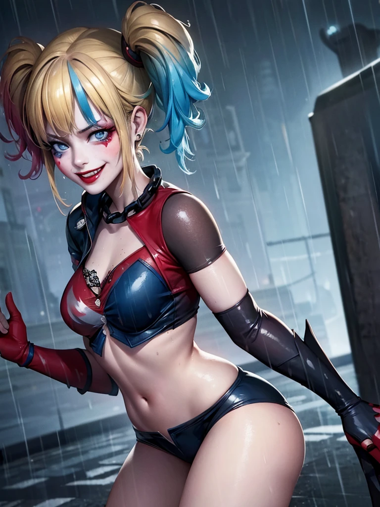 Harley Quinn standing in the middle of a rain-drenched street, her soaked clothes clinging to her body, no underwear, a wicked smile on her face, dressed in outfit for batman.
