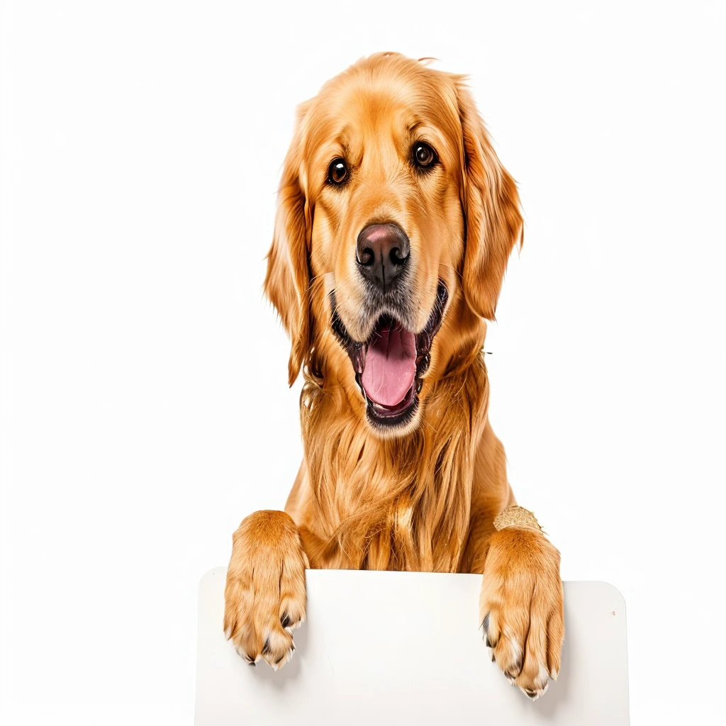there is a dog that is holding a sign in front of him, golden retriever, happy dog, pet animal, cute dog, clean white lab background, full of golden layers, canine, holding paws, anthropomorphic dog, selfie of a dog, golden, dog, with a happy expression, showing his paws to viewer, happily smiling at the camera