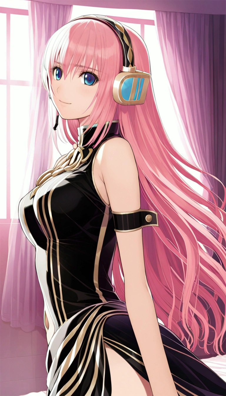 Detailed and beautiful depiction 1.3,Official Art:1.2,Beautiful adult woman ,Megurine Luka in official costume:1.2,Pink long hair,blue eyes,Black and gold costume,headphone,smile,Bedroom