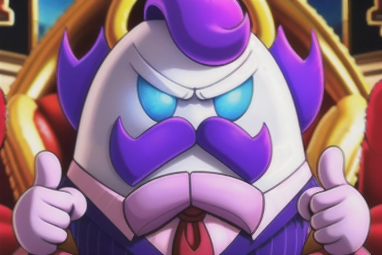 angry look, purple hair, purple mustache, rond body, arms and hands, dressed in a dark blue suit with pink vertical lining, pink shirt, red tie, black shoes, cufflink on the arm, gold suit button with a red diamond, pale purple skin , blue eyes, golden earpiece with antenna, haltmann