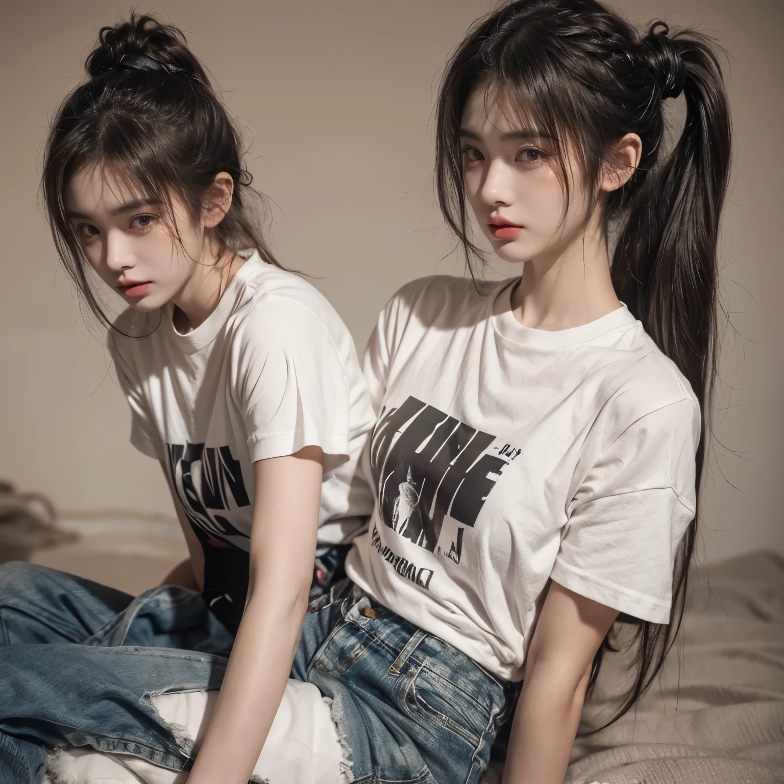 Create a realistic portrait of twin girl with long, dark hair tied in ponytails, both wearing casual white t-shirts with graphic prints and ripped jeans. They are sitting close together, giving a sense of companionship and unity. The background is simple and minimalistic, with soft lighting that casts subtle shadows, highlighting their features and expressions. The overall mood of the image is modern and stylish, with a touch of casual elegance.