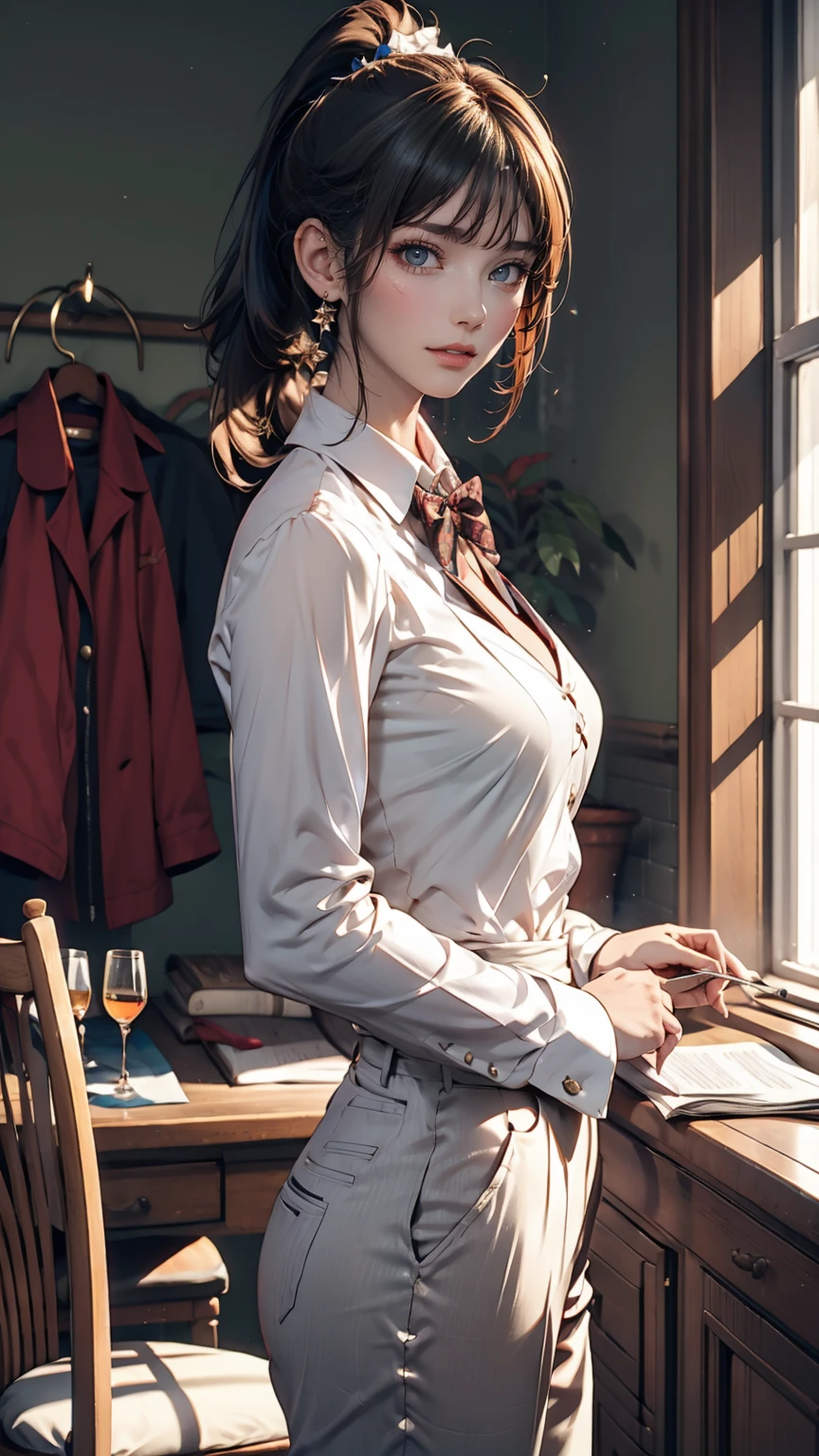 24-year-old female、Long eyelashes、pants suit、A bow tie、Tie your hair back、Narrow waist、Sheer blouse、mature female body、Suit jacket、Folded ponytail((folded ponytail))、Sexy pose