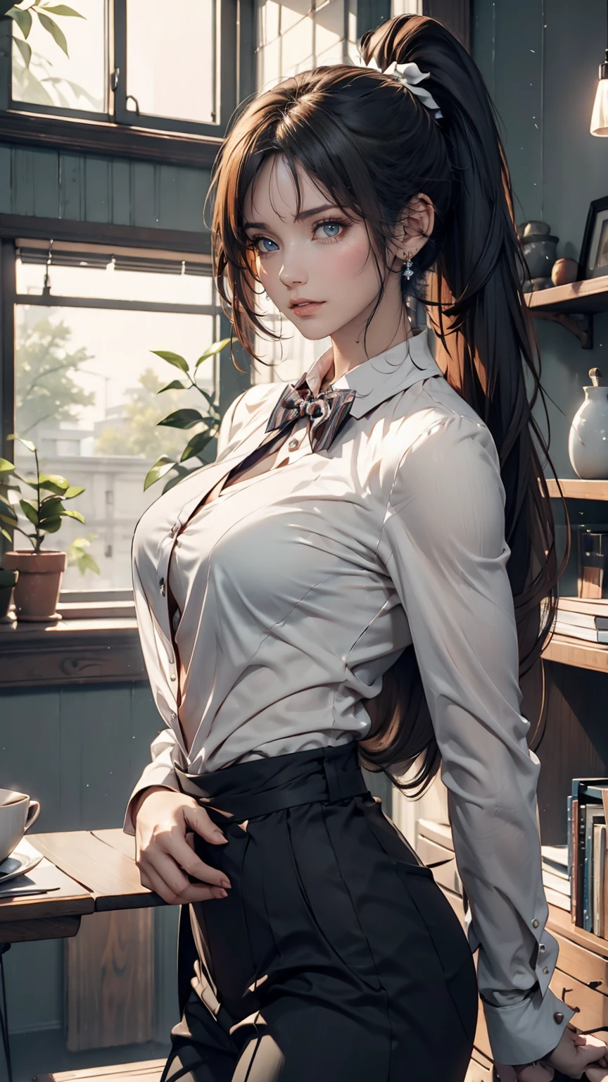 24-year-old female、Long eyelashes、pants suit、A bow tie、Tie your hair back、Narrow waist、Sheer blouse、mature female body、Suit jacket、Folded ponytail((folded ponytail))、Sexy pose