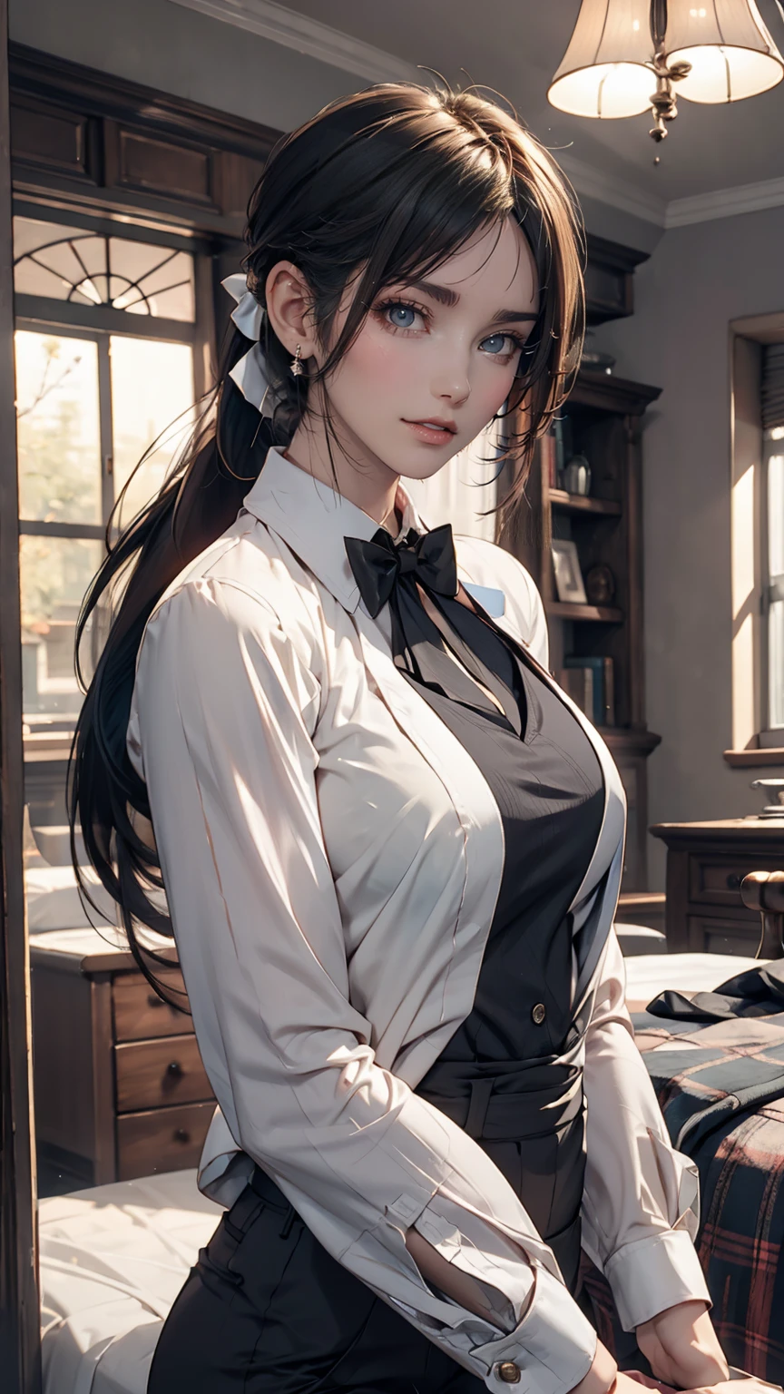24-year-old female、Long eyelashes、pants suit、A bow tie、Tie your hair back、Narrow waist、Sheer blouse、mature female body、Suit jacket、Folded ponytail((folded ponytail))、Sexy pose