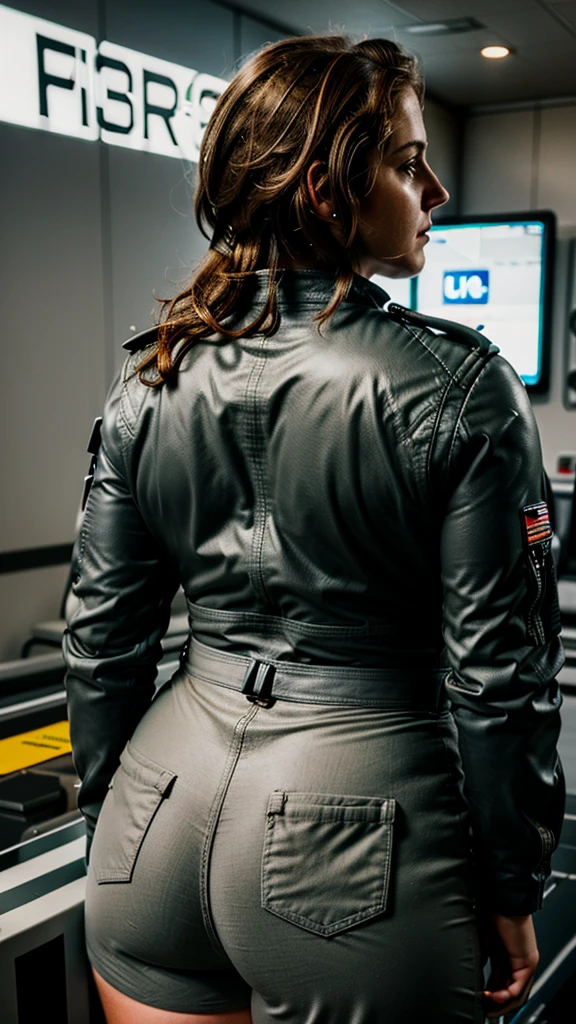 Ultra realistic photography of a thick pilot woman, 35 years old, view from behind, high quality, hyperrealistic