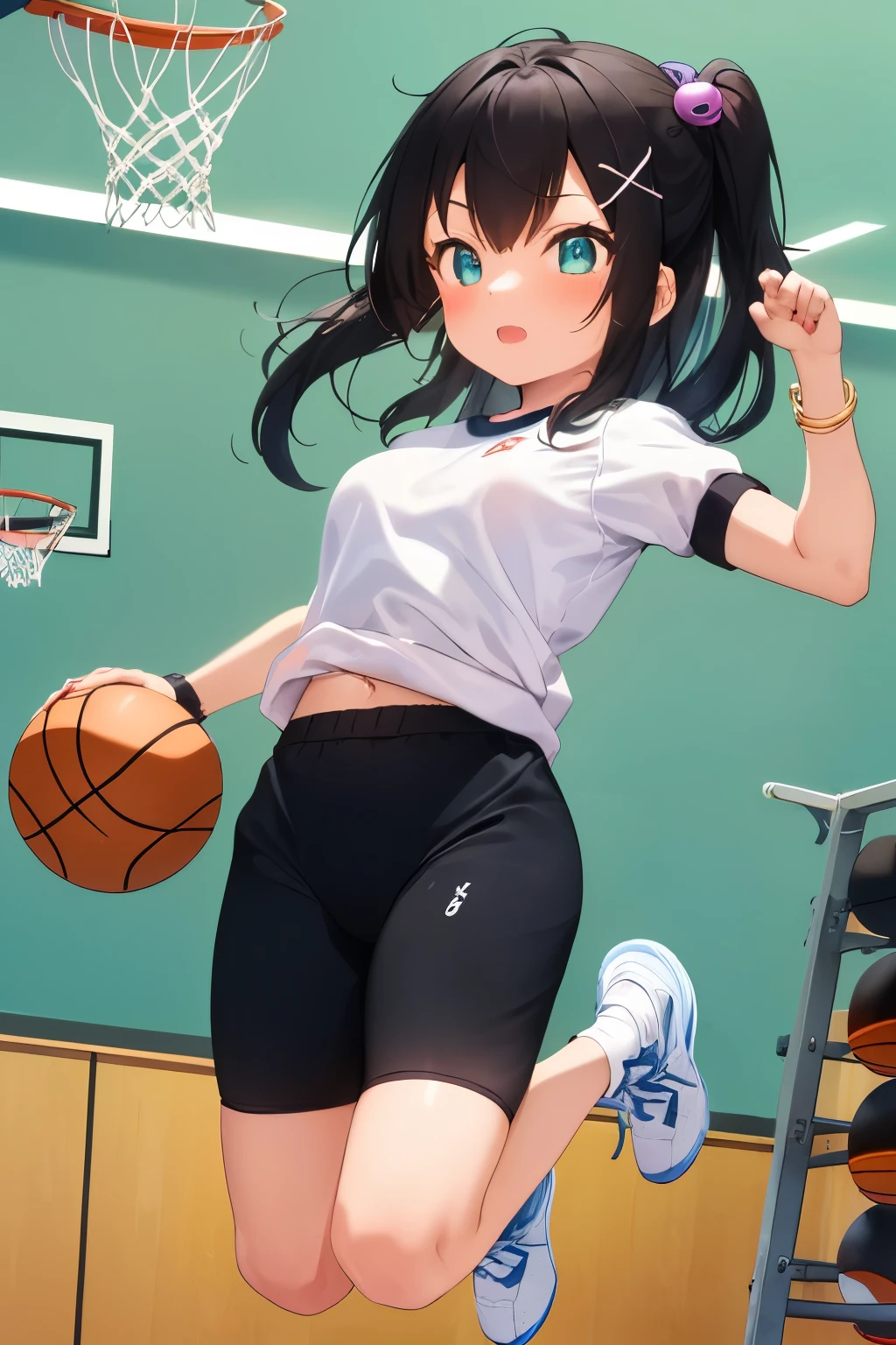 (masterpiece, high detail, high quality model, perfect face, 1 cute girl, 22 year old girl, long black hair, Elemental Magic, dynamic, beautiful eyes, Golden Bracelet , break, (black buruma, wearing White gym clothes:1.5), (white gym clothes lift:1.5),  (a girl playing Basketball:1.4), ((X hair ornament):1.2), perfect hands and fingers, Decided, guaranteed,(School Scene) break (Dunk:1.5), (((a girl Jumping towards the basket goal)))