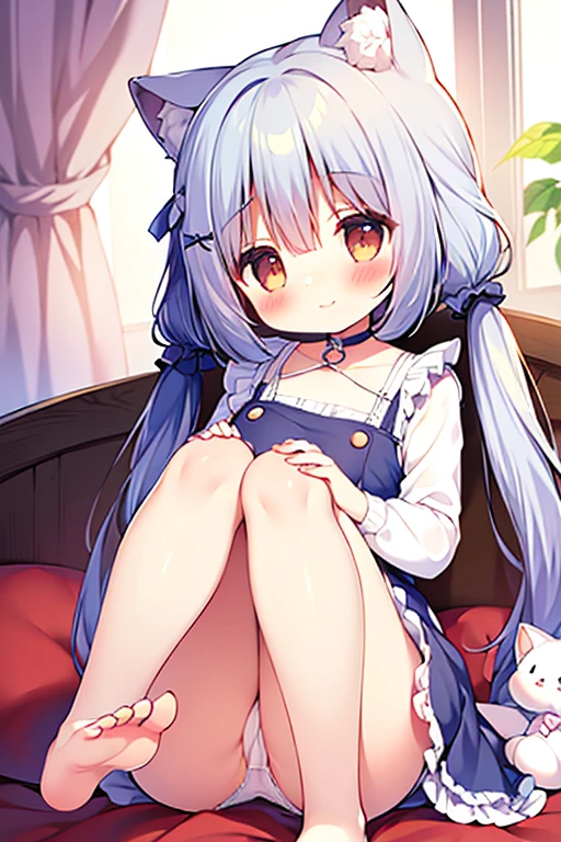 1girl, (chibi, toddler, :1.5), masterpiece, best quality, very aesthetic, perfect anatomy, 8k, dynamic pose, dynamic angle, no lineart, A high-quality, highly detailed, and textured anime illustration featuring a very small silver cat girl. She has silver twintail, silver cat ears, a silver cat tail, and large brown eyes. (She is wearing a white pinafore dress with multiple layers of frills, white panty:1.2), Her hair is adorned with a pink ribbon. She is siting on bed in bright bedroom, The scene is filled with vibrant colors and a cheerful atmosphere.Multiple layers of ruffles, Lace fabric, Very textured costumes, Lots of frills, Massive amounts of frills and lace, (sitting, barefoot, show off panty, pantyshot, knees to chest, Hugging own legs:1.3), smile, (choker, collar:1.2)