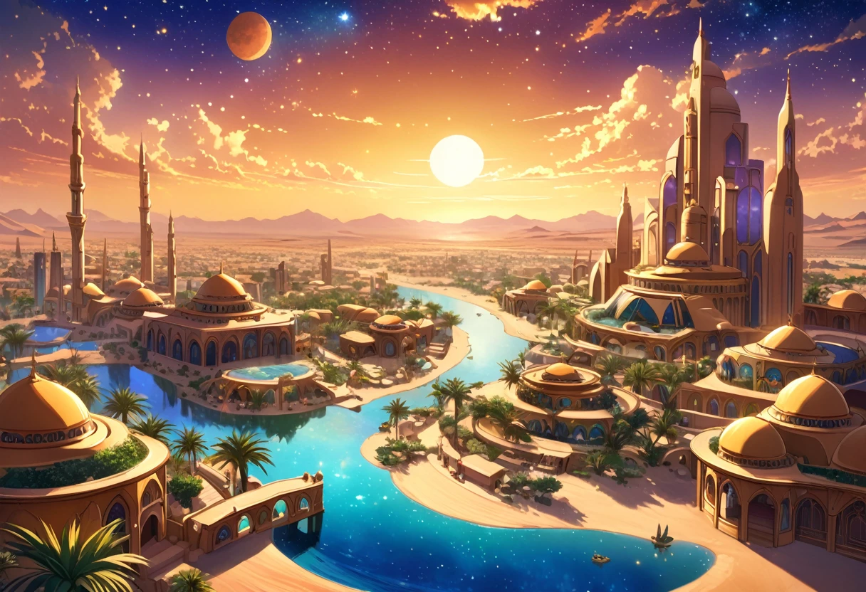 A painting of a Highly detailed, beautiful landscape, Futuristic middle eastern fantasy city, metropolitan, oasis city middle of desert, concept art inspired by Tosa Mitsuoki, pixiv contest winner, best quality, fantasy art, beautiful anime scene, , dream painting, Anime Background Art, Fantasy Landscape Art, Fantasy Night, Anime Background, Background Artwork, Fantastic Art, Atmospheric Anime, Starry Sky, Detail Enhanced.
