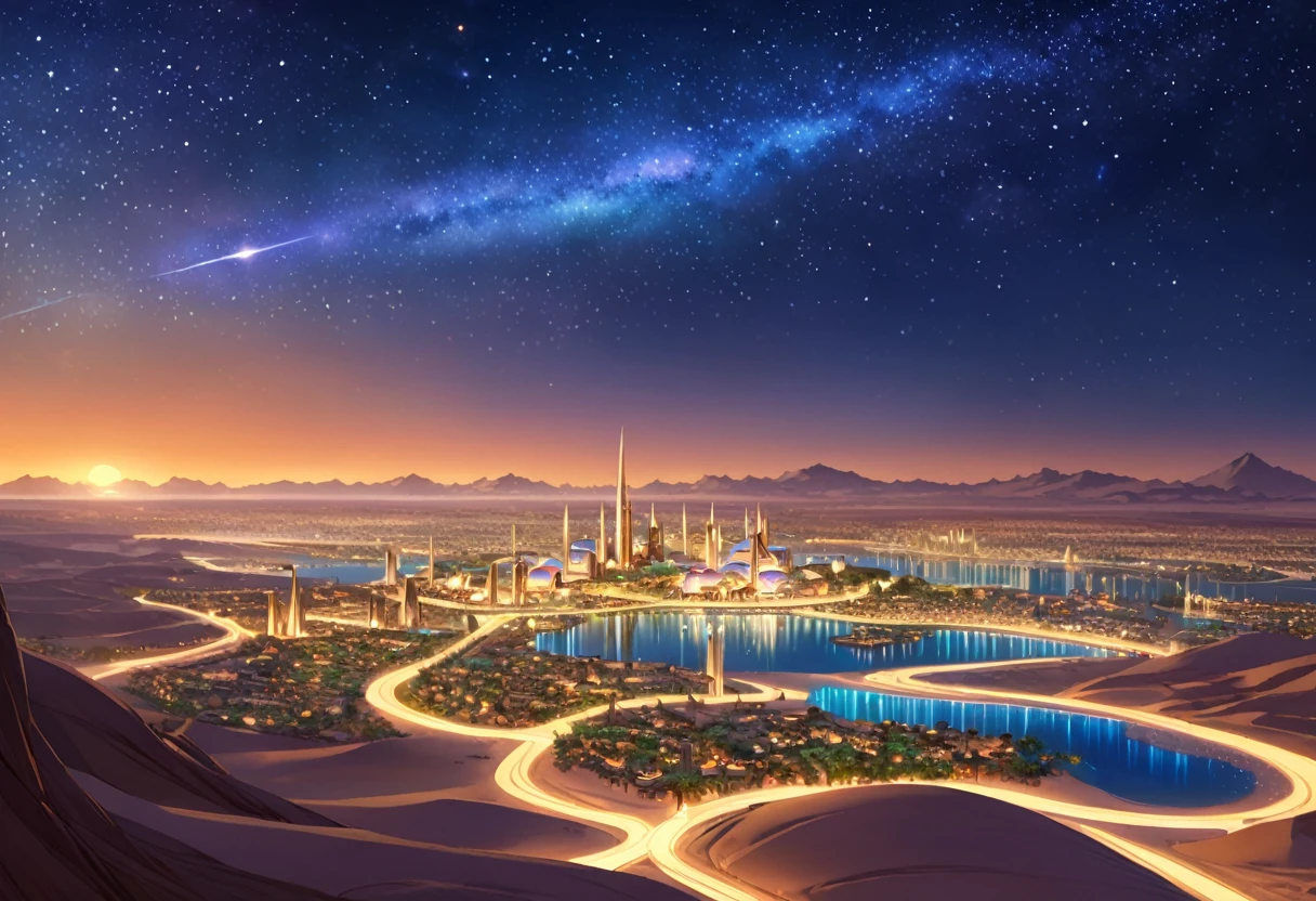 A painting of a Highly detailed, beautiful landscape, Futuristic middle eastern fantasy city, metropolitan, oasis city middle of desert, concept art inspired by Tosa Mitsuoki, pixiv contest winner, best quality, fantasy art, beautiful anime scene, , dream painting, Anime Background Art, Fantasy Landscape Art, Fantasy Night, Anime Background, Background Artwork, Fantastic Art, Atmospheric Anime, Starry Sky, Detail Enhanced.