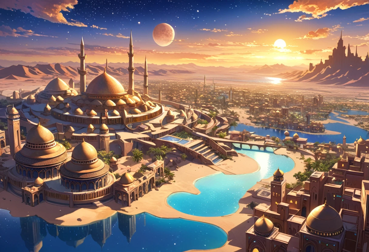 A painting of a Highly detailed, beautiful landscape, Futuristic middle eastern fantasy city, metropolitan, oasis city middle of desert, concept art inspired by Tosa Mitsuoki, pixiv contest winner, best quality, fantasy art, beautiful anime scene, , dream painting, Anime Background Art, Fantasy Landscape Art, Fantasy Night, Anime Background, Background Artwork, Fantastic Art, Atmospheric Anime, Starry Sky, Detail Enhanced.
