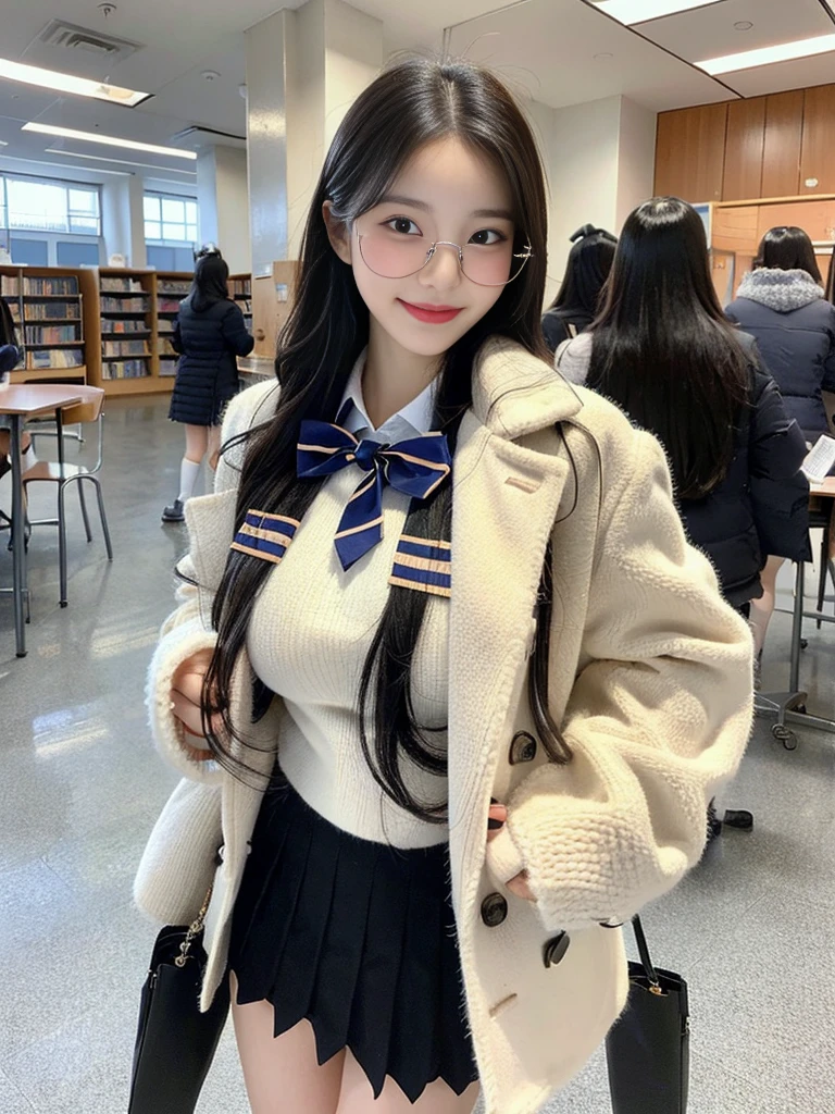 (A photo of a super cute Korean high school girl wearing foggy glasses walking while reading a book:1.2)(grin,Smile)(Beautiful Sweat:1.1)(16K, RAW Photos, Highest quality, masterpiece: 1.2),(Shiny black hair) Super detailed, Super Resolution, (Genuine, Genuine photos: 1.37), Portraiture, High-resolution RAW color photos, Professional photos, Very detailed, 8k wallpaper, Very detailed CG Unity 8k wallpaper, Very detailed beautiful girls, Very detailed faces, ((whole body)), beautiful woman, Huge breasts,(huge boobs:1.1) (Big Boobs:1.1), Beauty college student (Girly sailor-style winter  with ribbon),high school girl, Korean Girls,(K-POP Female Idols), (Idol-class beauty)(Beautiful high school girl:1.1)(Warm Library)(18-year-old)(Stylish school uniform-style outfit:1.1)Wearing a fancy peacoat,fluffy muffler,neck warmer,foggy glasses(foggy glasses:1.3)from side,Knee-high socks