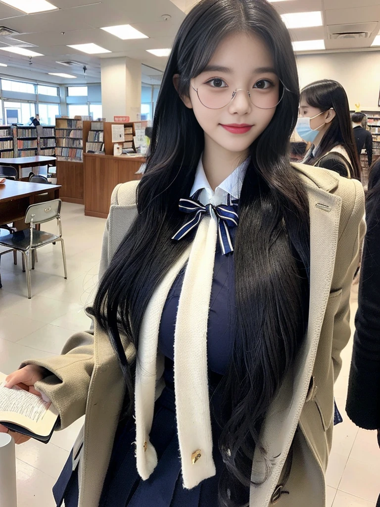 (A photo of a super cute Korean high school girl wearing foggy glasses walking while reading a book:1.2)(grin,Smile)(Beautiful Sweat:1.1)(16K, RAW Photos, Highest quality, masterpiece: 1.2),(Shiny black hair) Super detailed, Super Resolution, (Genuine, Genuine photos: 1.37), Portraiture, High-resolution RAW color photos, Professional photos, Very detailed, 8k wallpaper, Very detailed CG Unity 8k wallpaper, Very detailed beautiful girls, Very detailed faces, ((whole body)), beautiful woman, Huge breasts,(huge boobs:1.1) (Big Boobs:1.1), Beauty college student (Girly sailor-style winter with ribbon),high school girl, Korean Girls,(K-POP Female Idols), (Idol-class beauty)(Beautiful high school girl:1.1)(Warm Library)(18-year-old)(Stylish school uniform-style outfit:1.1)Wearing a fancy peacoat,fluffy muffler,neck warmer,foggy glasses(foggy glasses:1.3)from side,Knee-high socks