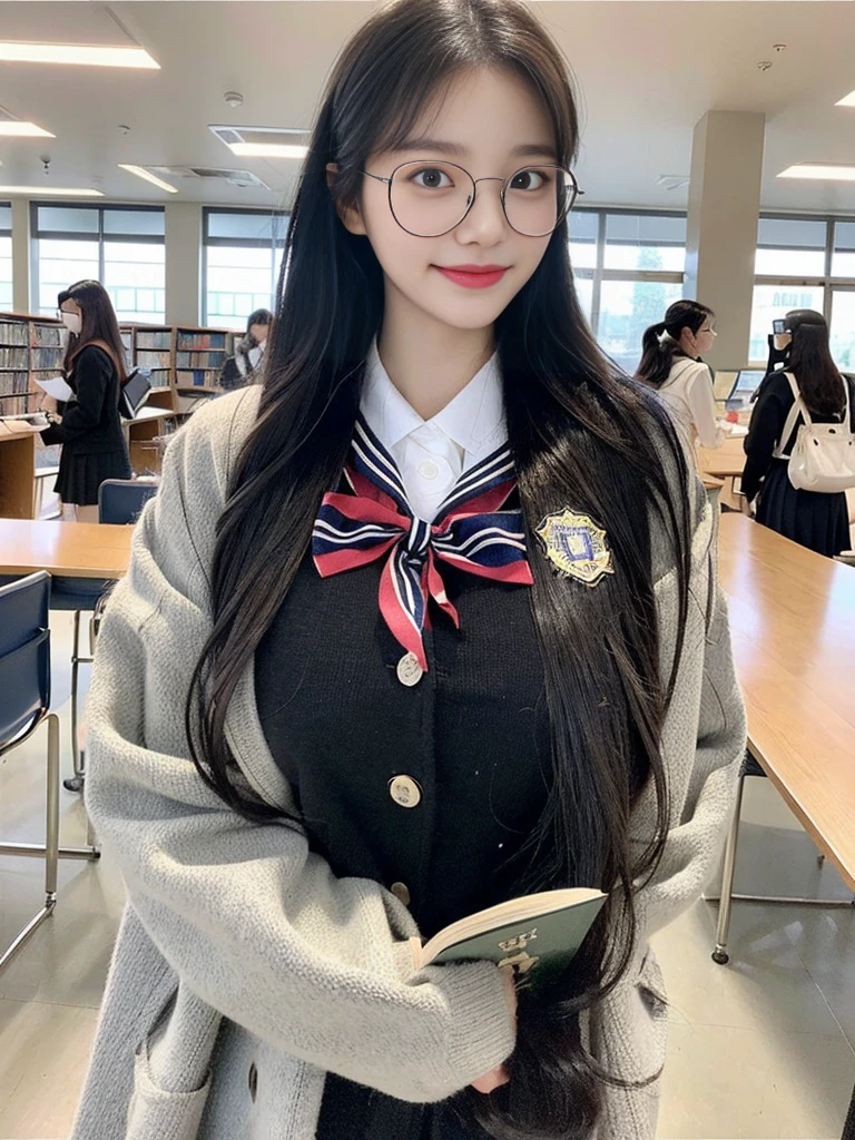 (A photo of a super cute Korean high school girl wearing foggy glasses walking while reading a book:1.2)(grin,Smile)(Beautiful Sweat:1.1)(16K, RAW Photos, Highest quality, masterpiece: 1.2),(Shiny black hair) Super detailed, Super Resolution, (Genuine, Genuine photos: 1.37), Portraiture, High-resolution RAW color photos, Professional photos, Very detailed, 8k wallpaper, Very detailed CG Unity 8k wallpaper, Very detailed beautiful girls, Very detailed faces, ((whole body)), beautiful woman, Huge breasts,(huge boobs:1.1) (Big Boobs:1.1), Beauty college student (Girly sailor-style winter with ribbon),high school girl, Korean Girls,(K-POP Female Idols), (Idol-class beauty)(Beautiful high school girl:1.1)(Warm Library)(18-year-old)(Stylish school uniform-style outfit:1.1)Wearing a fancy peacoat,fluffy muffler,neck warmer,foggy glasses(foggy glasses:1.3)from side,Knee-high socks