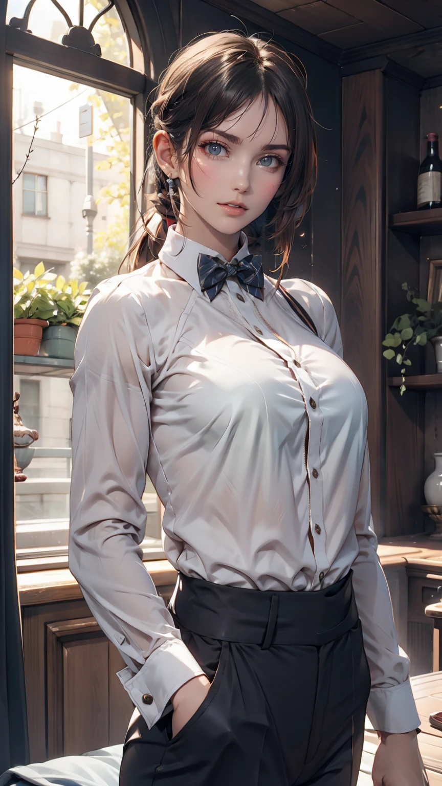 24-year-old female、Long eyelashes、pants suit、A bow tie、Tie your hair back、Narrow waist、Sheer blouse、mature female body、Suit jacket、Folded ponytail((folded ponytail))、Sexy pose