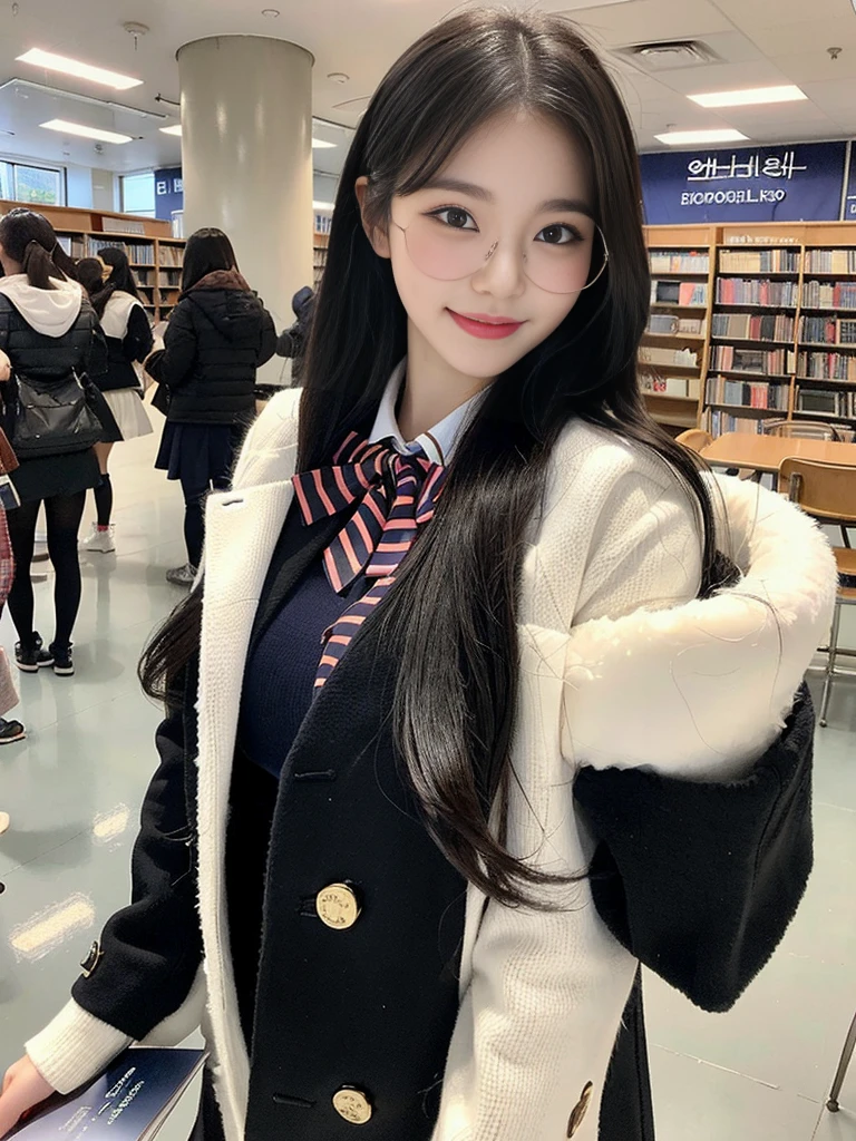(A photo of a super cute Korean high school girl wearing foggy glasses walking while reading a book:1.2)(grin,Smile)(Beautiful Sweat:1.1)(16K, RAW Photos, Highest quality, masterpiece: 1.2),(Shiny black hair) Super detailed, Super Resolution, (Genuine, Genuine photos: 1.37), Portraiture, High-resolution RAW color photos, Professional photos, Very detailed, 8k wallpaper, Very detailed CG Unity 8k wallpaper, Very detailed beautiful girls, Very detailed faces, ((whole body)), beautiful woman, Huge breasts,(huge boobs:1.1) (Big Boobs:1.1), Beauty college student (Girly sailor-style winter  with ribbon),high school girl, Korean Girls,(K-POP Female Idols), (Idol-class beauty)(Beautiful high school girl:1.1)(Warm Library)(18-year-old)(Stylish school uniform-style outfit:1.1)Wearing a fancy peacoat,fluffy muffler,neck warmer,foggy glasses(foggy glasses:1.3)from side,Knee-high socks