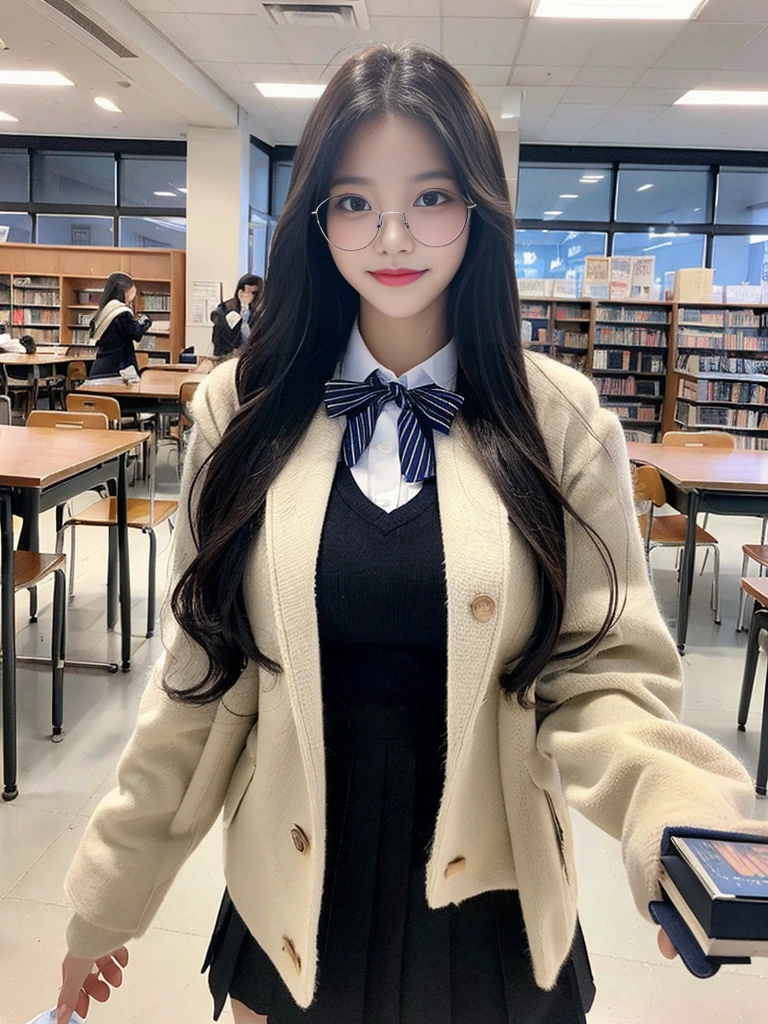 (A photo of a super cute Korean high school girl wearing foggy glasses walking while reading a book:1.2)(grin,Smile)(Beautiful Sweat:1.1)(16K, RAW Photos, Highest quality, masterpiece: 1.2),(Shiny black hair) Super detailed, Super Resolution, (Genuine, Genuine photos: 1.37), Portraiture, High-resolution RAW color photos, Professional photos, Very detailed, 8k wallpaper, Very detailed CG Unity 8k wallpaper, Very detailed beautiful girls, Very detailed faces, ((whole body)), beautiful woman, Huge breasts,(huge boobs:1.1) (Big Boobs:1.1), Beauty college student (Girly sailor-style winter  with ribbon),high school girl, Korean Girls,(K-POP Female Idols), (Idol-class beauty)(Beautiful high school girl:1.1)(Warm Library)(18-year-old)(Stylish school uniform-style outfit:1.1)Wearing a fancy peacoat,fluffy muffler,neck warmer,foggy glasses(foggy glasses:1.3)from side,Knee-high socks