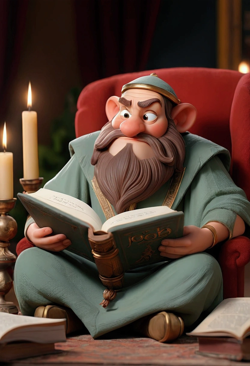 a narrotor sitting in a cozy room holding a book written on it the book of job