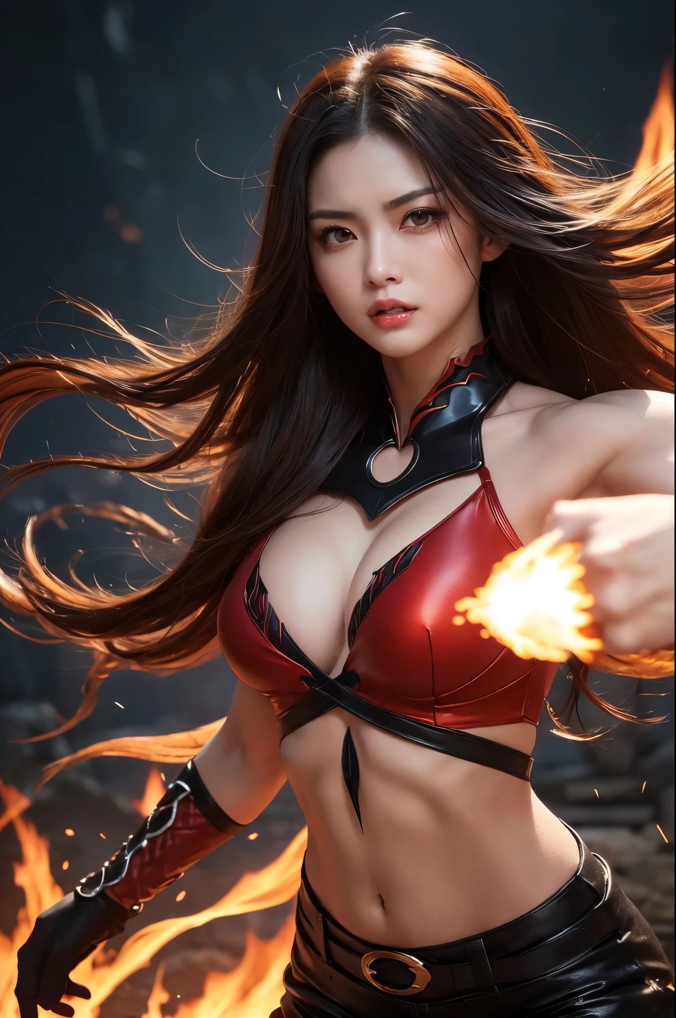 8k,Black light、Real Art、Slim and muscular macho manな女性、Super Beauty(Like the real thing)、Super strong muscles,Iris、Ultra high definition、One mature woman、Light brown mohawk、Mature Demon Slayer: Kimetsu no Yaiba: Kimetsu no Yaiba、anger,Sharp Eyes,非常にVery large breasts、Glowing Iris、Slim and muscular macho man、Lean and muscular lower body、Gorgeous Red Large Chest Chest Armor、Luxury black and red pants、Gorgeous red shoulder pads,Detailed light、Dynamic Angle、Depth of written boundary、(((((())))、Show me your fangs、(Super A)High resolution、Best image quality)、(8k、RAW Photos、Best image quality、masterpiece)、sense of technology、Best image quality、masterpiece、Awareness-raising、CG、Sense of unity、wallpaper、Official Art,Very delicate and beautiful、Attention to detail、Attention to detail、Clear focus、Rich background、(Real People、image)、((High resolutionの肌))、A large flame burning red from the body(Tone flame effect)(There are many big flames)Fantasy art、Shoulder muscles abdominal muscles、Arm Muscles,Ultra-Realistic Skin、Combat pose,Look at the viewers,Big Energy,Japanese,Dynamic action poses,Very large breasts,