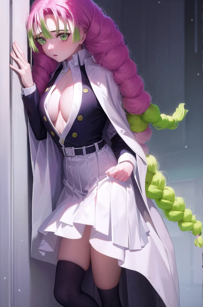 mitsurikanroji, mitsuri kanroji, braid, gradient hair, (green eyes:1.5), green hair, long hair, mole,  mole under eye, multicolored hair, pink hair, twin braids, two-tone hair,
BREAK belt, black skirt, cleavage, coat, demon slayer uniform, haori, japanese clothes, long sleeves, miniskirt,  partially unbuttoned, pleated skirt, skirt, uniform,
BREAK indoors, full body, standing
BREAK looking at viewer, (cowboy shot:1.5),
BREAK (masterpiece:1.2), best quality, high resolution, unity 8k wallpaper, (illustration:0.8), (beautiful detailed eyes:1.6), extremely detailed face, perfect lighting, extremely detailed CG, (perfect hands, perfect anatomy),