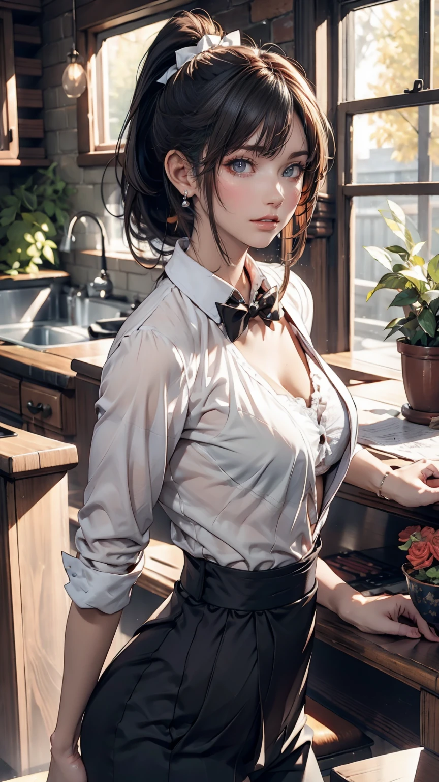 24-year-old female、Long eyelashes、pants suit、A bow tie、Tie your hair back、Narrow waist、Sheer blouse、mature female body、Suit jacket、Folded ponytail((folded ponytail))、Sexy pose