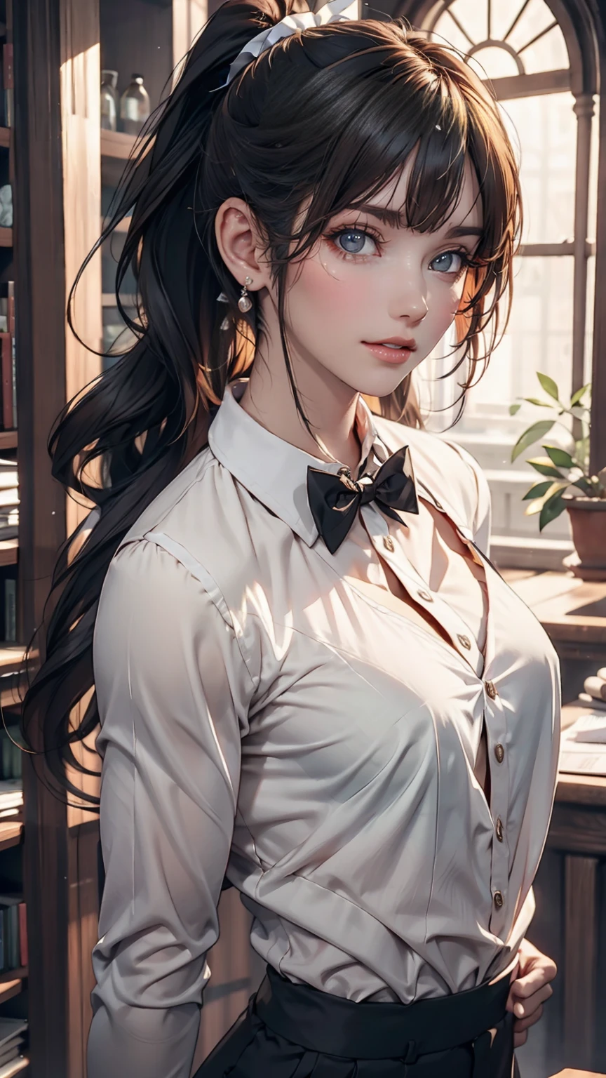 24-year-old female、Long eyelashes、pants suit、A bow tie、Tie your hair back、Narrow waist、Sheer blouse、mature female body、Suit jacket、Folded ponytail((folded ponytail))、Sexy pose