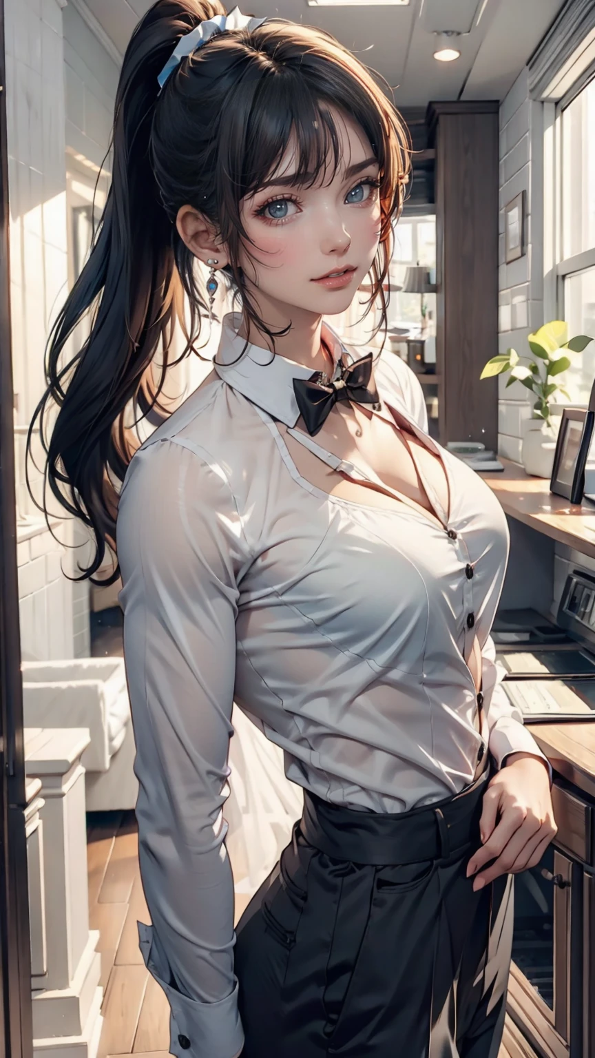 24-year-old female、Long eyelashes、pants suit、A bow tie、Tie your hair back、Narrow waist、Sheer blouse、mature female body、Suit jacket、Folded ponytail((folded ponytail))、Sexy pose