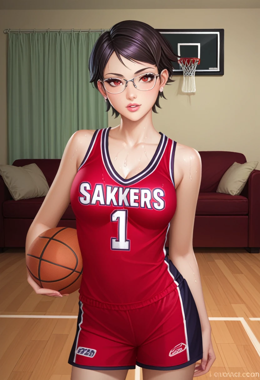 score_9_up, score_8_up, score_7_up, 1girl, solo, mature female, Sarada, looking at viewer, (((black short hair))), red eyes, pink lips, parted lips, glasses, (((purple/yellow Lakers basketball uniform))), fit slim model body, perfect small erected breast,((modern living room)), wet body, seductive pose, 