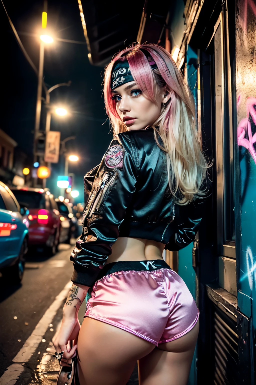 (Ultra-detailed eyes), (((textile shading))), (((Best Quality))), (((materpiece))), (((Ultra-detailed CG))), sassy 18 years old american girl, (((magical little girl))), (Petite), (tiny chest), blonde  wavy hair with pink streaks, ((gorgeous hair)), Pink eyes, (((punk girl, satin jacket, y2k ripped satin Hotpants))), ((striking a pose)), (((Game CG)) (gorgeous, sassy, it girl), fancy jewelry, graffiti-covered walls,neon lights,vibrant colors,night scene,gritty atmosphere,4K, strong punk atmosphere, cowboy shot, midshot, centered image, eye on camera, daylight,sexy Ass,