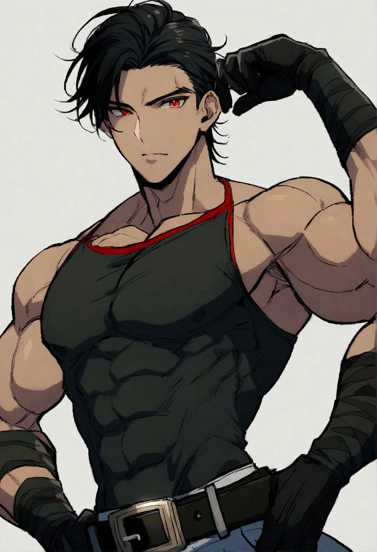 masculine man, high , muscular , playera negra de cuello alto pegada y de mangas largas , short black hair combed back and Red eyes , black belt and black gloves ,Delgado , ,24 years old