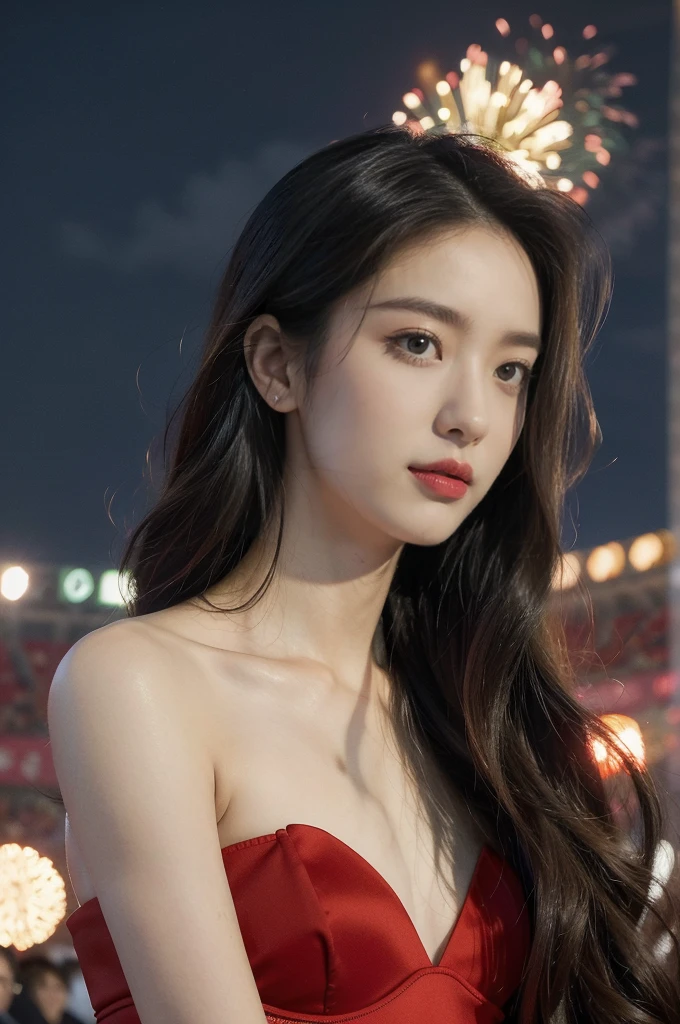 (((best quality))),(((ultra detailed))),(((masterpiece))),illustration, ((Olympic Opening Ceremony,in Paris,summer night,magnificent National stadium of France,Olympic flame, fireworks)),(crowded crowds of enthusiastic spectators:1.3),((a beautiful Chinese girl,solo)),((shoulder length straight hair:1.2)),((slim,thin)),((small breasts,flat chest)),(strapless red bra:1.3),excited expression, awe, celebrating, electric atmosphere, sense of pride, excitement, playing field, crowd energy, unity, camaraderie, representing China, historic event, memorable moment,((from front,close-up of face))