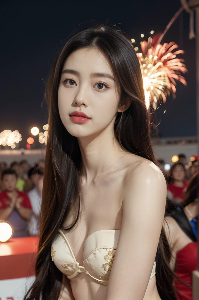 (((best quality))),(((ultra detailed))),(((masterpiece))),illustration, ((Olympic Opening Ceremony,in Paris,summer night,magnificent National stadium of France,Olympic flame, fireworks)),(crowded crowds of enthusiastic spectators:1.3),((a beautiful Chinese girl,solo)),((shoulder length straight hair:1.2)),((slim,thin)),((small breasts,flat chest)),(strapless red bra:1.3),excited expression, awe, celebrating, electric atmosphere, sense of pride, excitement, playing field, crowd energy, unity, camaraderie, representing China, historic event, memorable moment,((from front,close-up of face))