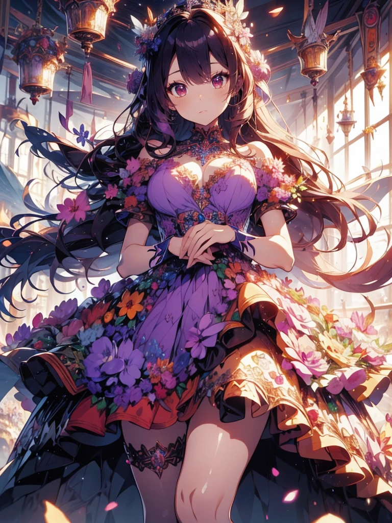 Circular Magic Circle　Provocative One Girl, Beautiful and fine details, Long purple hair, Pale red eyes, Original Costume,Princess Dress,Glowing Skin, resolution, (Anime Style:1.6)High Contrast, ((Mastepiece, highest quality))Purple and Orange, Intricate details, Volumetric Lighting, Realism Break (Mastepiece: 1.2)8K, Super detailed
