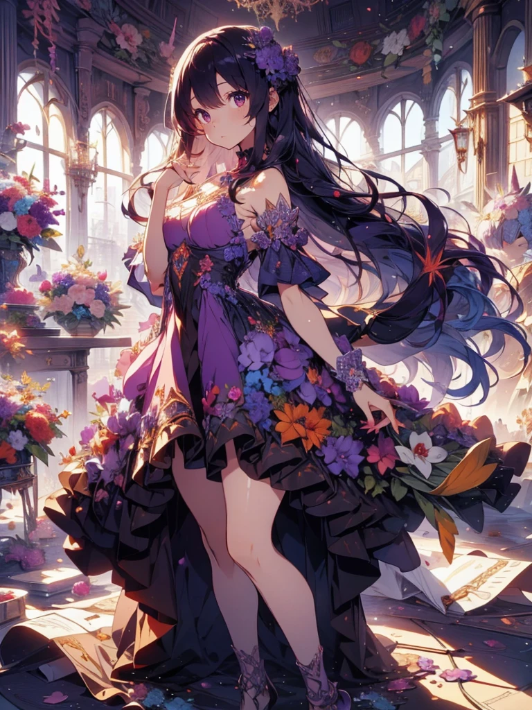 Circular Magic Circle Provocative One Girl, Beautiful and fine details, Long purple hair, Pale red eyes, Original Costume,Princess Dress,Glowing Skin, resolution, (Anime Style:1.6)High Contrast, ((Mastepiece, highest quality))Purple and Orange, Intricate details, Volumetric Lighting, Realism Break (Mastepiece: 1.2)8K, Super detailed