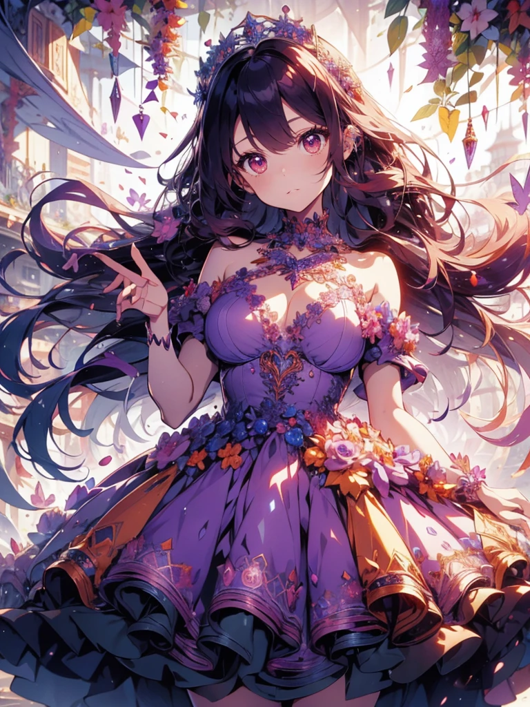 Circular Magic Circle　Provocative One Girl, Beautiful and fine details, Long purple hair, Pale red eyes, Original Costume,Princess Dress,Glowing Skin, resolution, (Anime Style:1.6)High Contrast, ((Mastepiece, highest quality))Purple and Orange, Intricate details, Volumetric Lighting, Realism Break (Mastepiece: 1.2)8K, Super detailed
