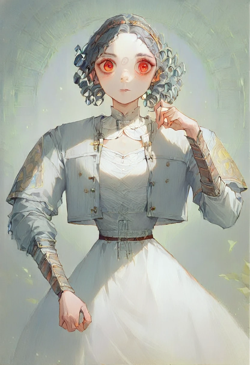 (Masterpiece) best quality, (((perfect eyes, perfect face))), 1girl (((from medieval times with a sexy body))), (((white dress))), (((short black jacket))), hairband, (((very short grey hai with curly at the end))), red eyes, slim body, (((porn pose))), (((NSFW))), (((man is teasing girl from behind by rubbing his penis on her pussy))), ((((sex from behind)))
