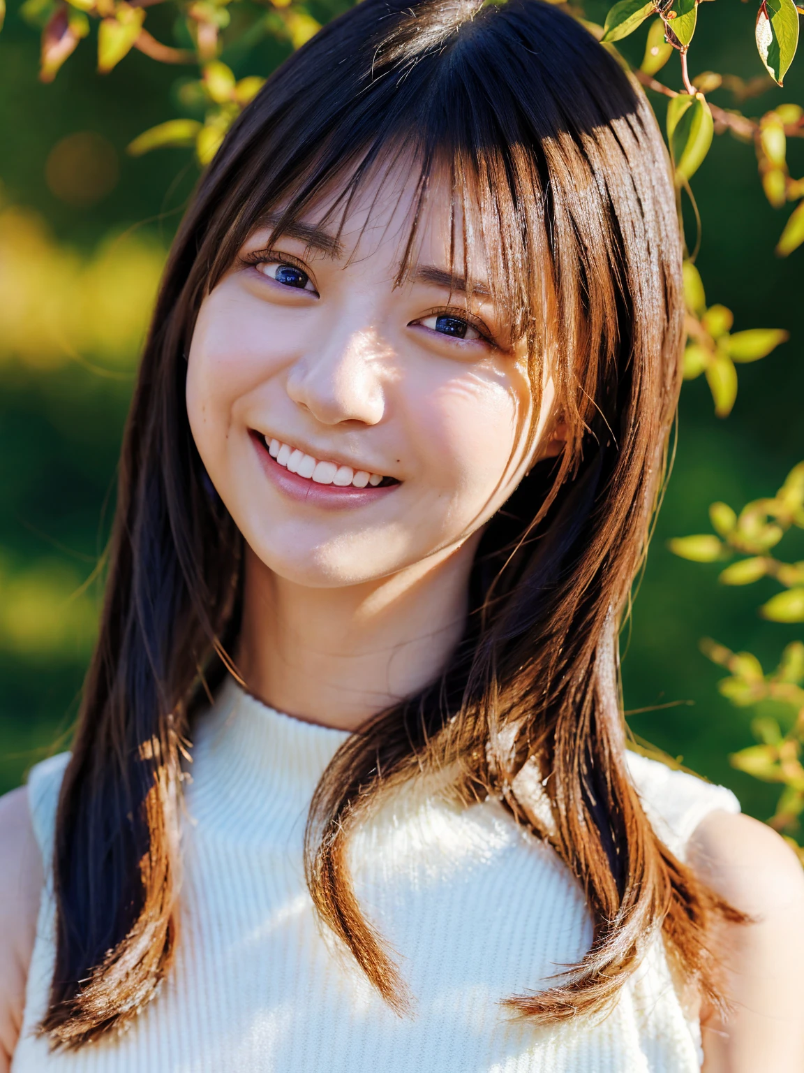 A highly detailed, photorealistic, 8k CG wallpaper illustration of a beautiful woman with long black hair, long hair, and puffy eyes in a golden hour lighting, wearing knit tanktop turtleneck, big breasts, and beautiful abs, facing the viewer with a smile expression, in a masterpiece quality official art style.