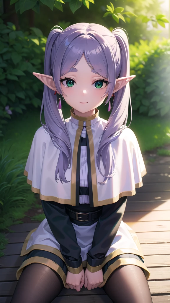 BREAK looking at viewer, BREAK (masterpiece:1.2), best quality, high resolution, unity 8k wallpaper, (illustration:0.8), (beautiful detailed eyes:1.6), extremely detailed face, perfect lighting, extremely detailed CG, (perfect hands, perfect anatomy),nature,forest,trees,flowers,evening,green hair, side ponytail, (purple eyes:1.1),frieren, long hair, twintails, (green eyes:1.5), grey hair, pointy ears, elf,shirt, long sleeves, jewelry, pantyhose, earrings, striped, black pantyhose, capelet, striped shirt,small breast,smile,from above,bend over,cleavege,neckline,sitting,spread legs.