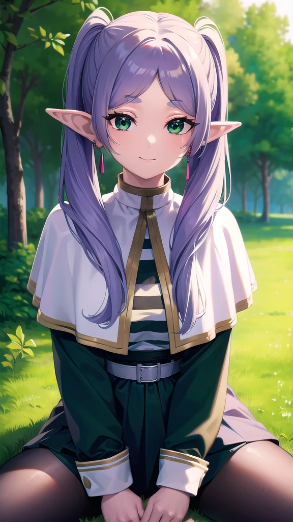 BREAK looking at viewer, BREAK (masterpiece:1.2), best quality, high resolution, unity 8k wallpaper, (illustration:0.8), (beautiful detailed eyes:1.6), extremely detailed face, perfect lighting, extremely detailed CG, (perfect hands, perfect anatomy),nature,forest,trees,flowers,evening,green hair, side ponytail, (purple eyes:1.1),frieren, long hair, twintails, (green eyes:1.5), grey hair, pointy ears, elf,shirt, long sleeves, jewelry, pantyhose, earrings, striped, black pantyhose, capelet, striped shirt,small breast,smile,from above,bend over,cleavege,neckline,sitting,spread legs.