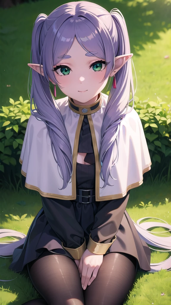 BREAK looking at viewer, BREAK (masterpiece:1.2), best quality, high resolution, unity 8k wallpaper, (illustration:0.8), (beautiful detailed eyes:1.6), extremely detailed face, perfect lighting, extremely detailed CG, (perfect hands, perfect anatomy),nature,forest,trees,flowers,evening,green hair, side ponytail, (purple eyes:1.1),frieren, long hair, twintails, (green eyes:1.5), grey hair, pointy ears, elf,shirt, long sleeves, jewelry, pantyhose, earrings, striped, black pantyhose, capelet, striped shirt,small breast,smile,from above,bend over,cleavege,neckline,sitting,spread legs.