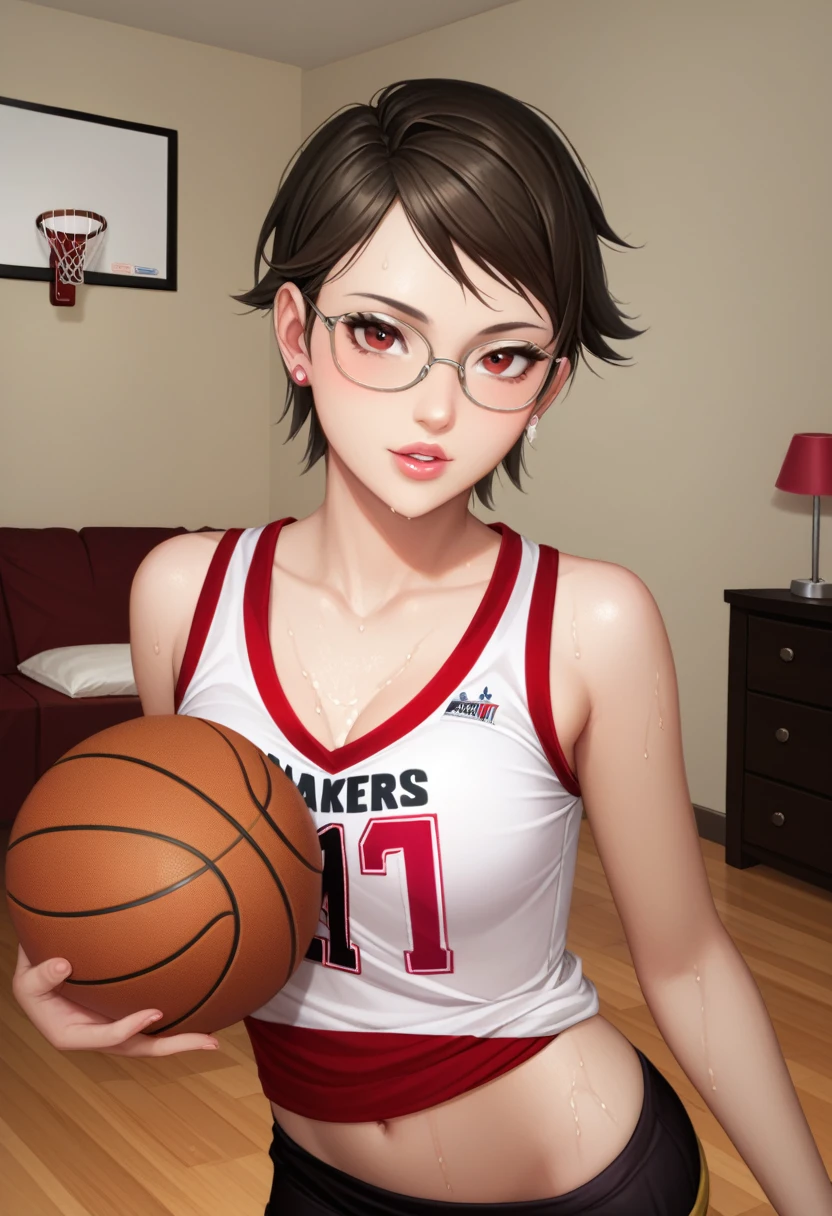 score_9_up, score_8_up, score_7_up, 1girl, solo, mature female, Sarada, looking at viewer, (((black short hair))), red eyes, pink lips, parted lips, glasses, (((purple/yellow Lakers basketball uniform))), fit slim model body, perfect small erected breast,((modern living room)), wet body, seductive pose, 