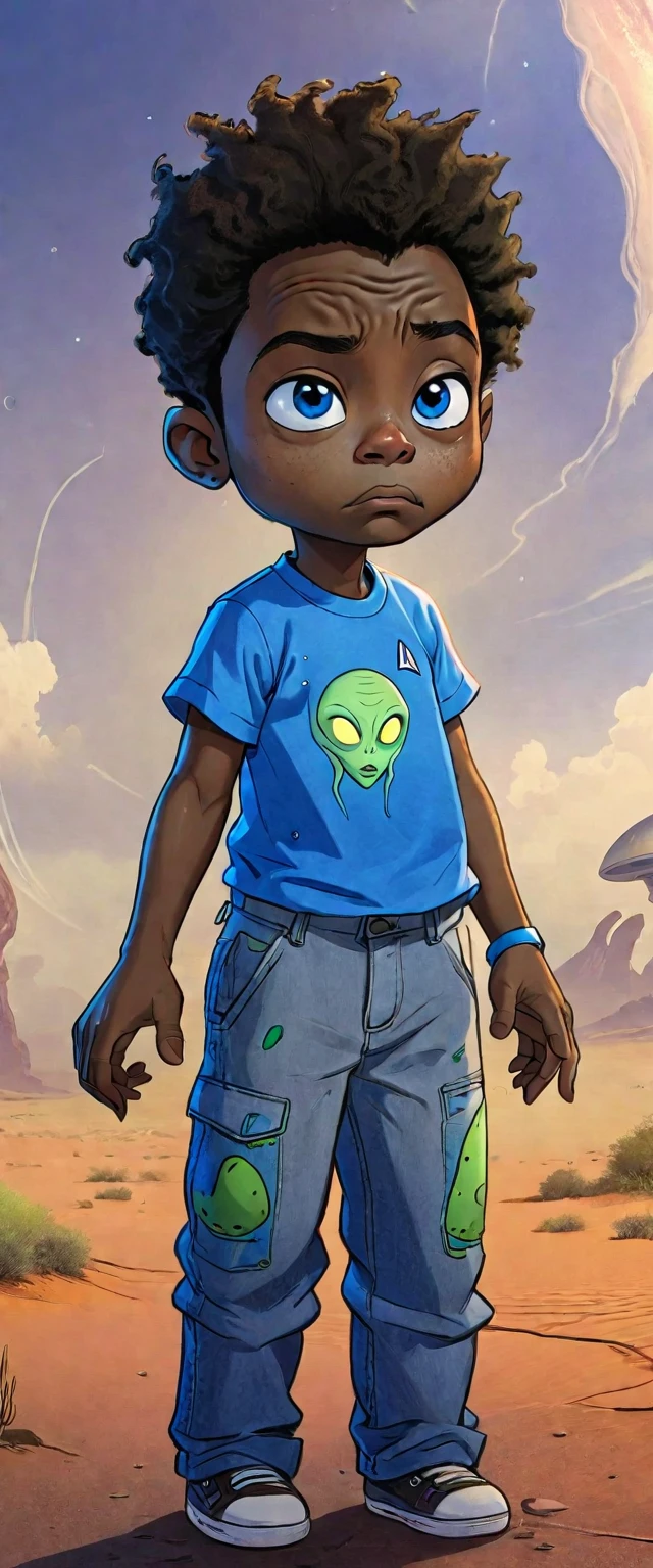 a 20 year old black man with a bored face, wearing a blue shirt with an alien print, and a scar above the nose