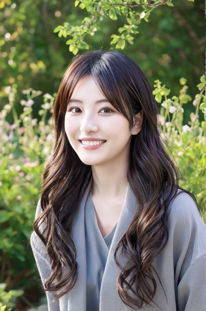 Minami Hamabe,(highest quality,16k,High resolution:1.2),Dark brown long hair,Girls in their 20s,Very detailed,One Girl,A beautiful 26 year old woman,(Minami Hamabe:1.3),(smile),garden,(high quality,ultra detailed,best quality,masterpice,4k,taken by nikon d750:1.0)