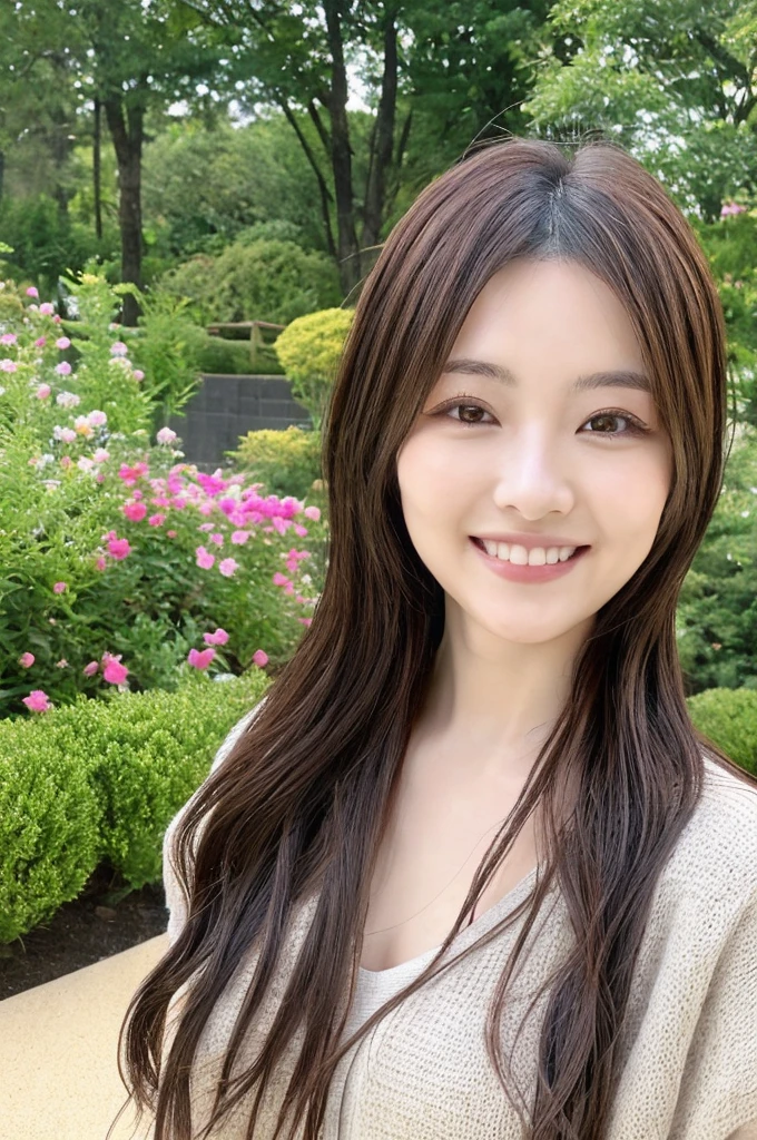Minami Hamabe,(highest quality,16k,High resolution:1.2),Dark brown long hair,Girls in their 20s,Very detailed,One Girl,A beautiful 26 year old woman,(Minami Hamabe:1.3),(smile),garden,(high quality,ultra detailed,best quality,masterpice,4k,taken by nikon d750:1.0)