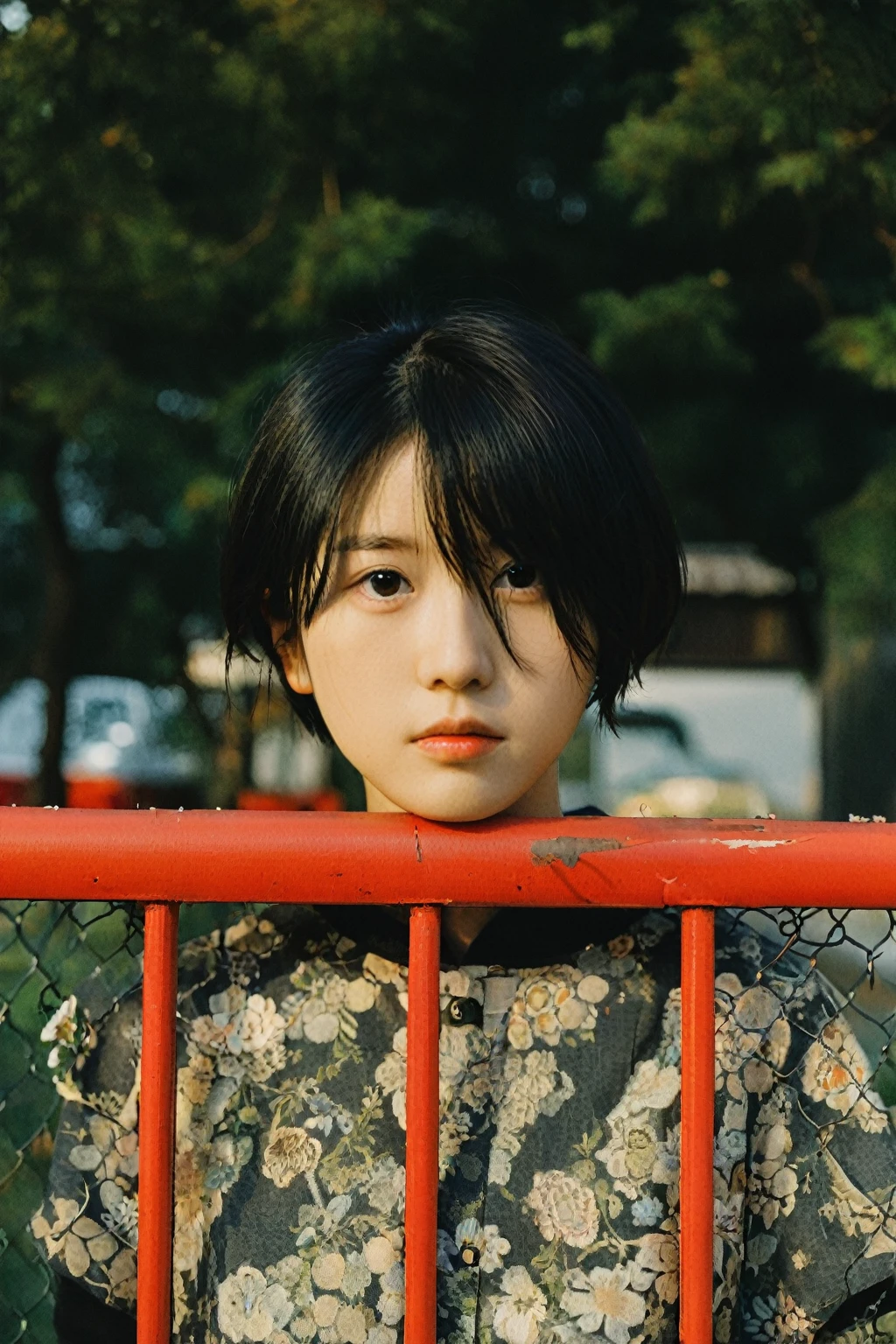 there is a young woman standing behind a red fence, portrait of a japanese teen, portrait of a japanese girl, shot on leica sl2, 3 5 mm portrait, sui ishida with black hair, a young asian woman, by Torii Kiyomoto, woman with black hair, standing astride a gate, japanese woman, with short hair