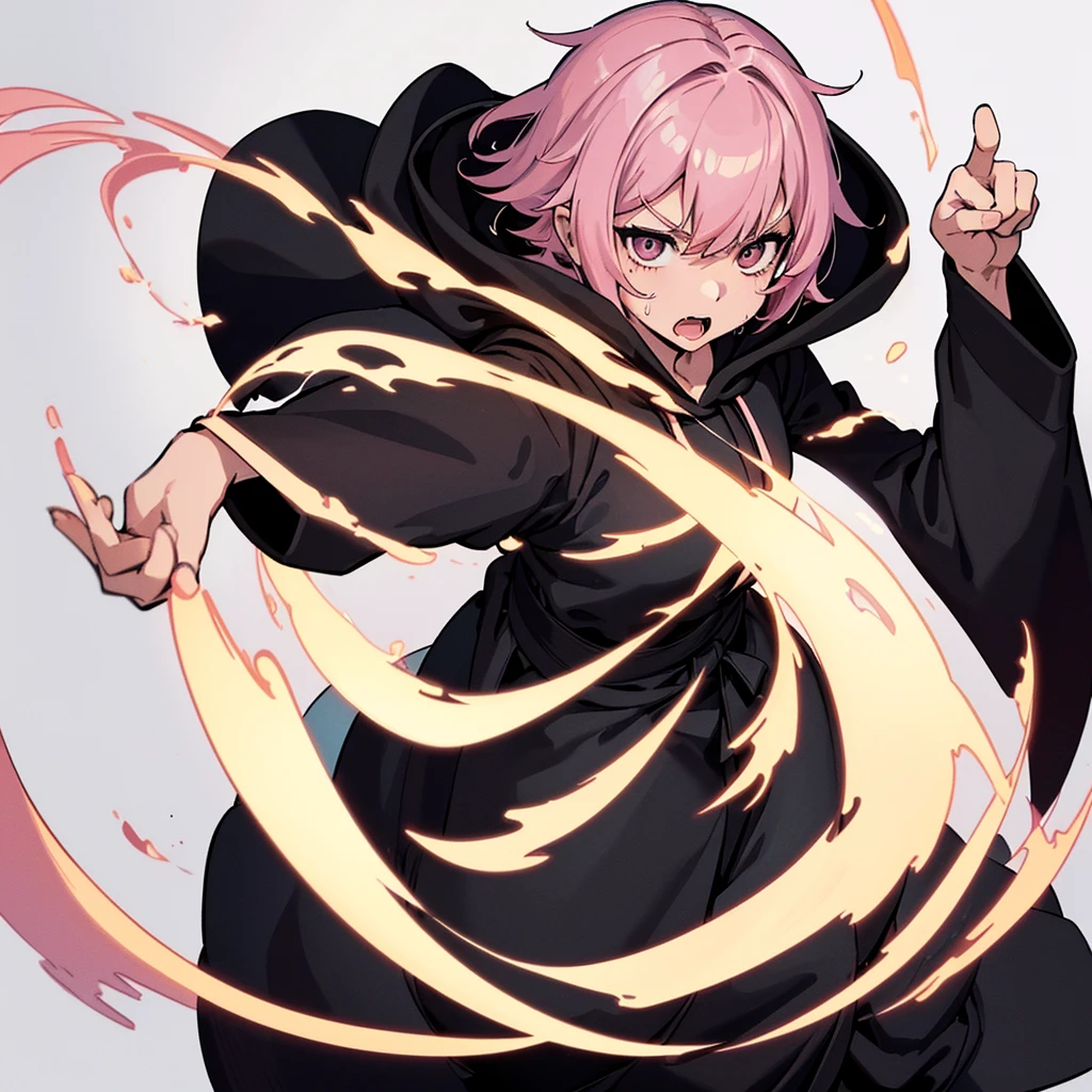 (((Solo)))、(whole body)、(From above)、Best illustrations、Best Quality、(23 years old)、(The same face:1.1),Medieval Fantasy,(White Background)、(Pink Hair、Very Short Hair、Align your bangs)、(((Wearing a black hood、Long sleeve、Black Robe、pants)))、Fighting stance、(get annoyed、Sweat、Open your mouth、Look at the top right)、Chased